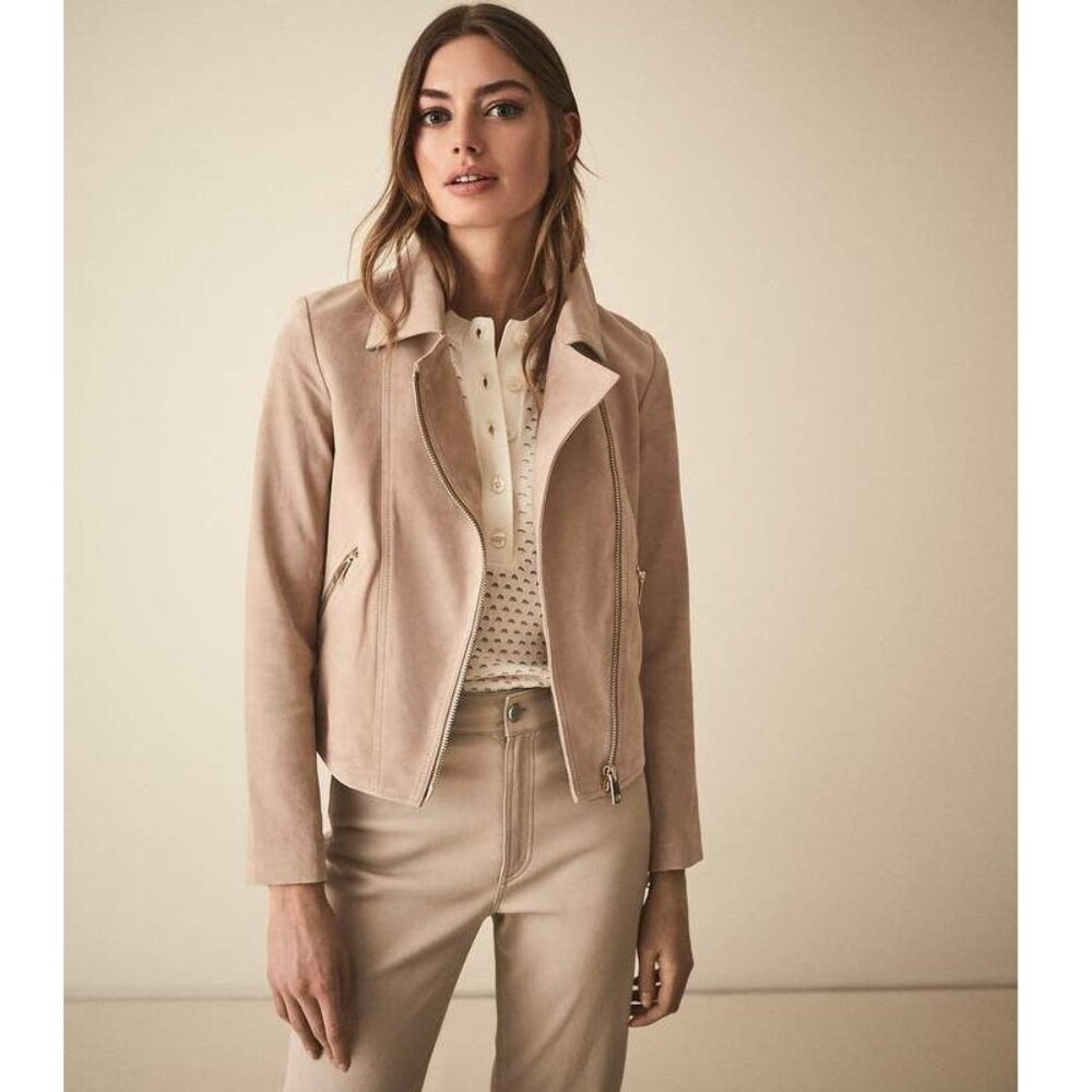 Reiss Sabine Suede Goat Leather Zip Biker Jacket - Neutral - US 4 (Fits Size 2)